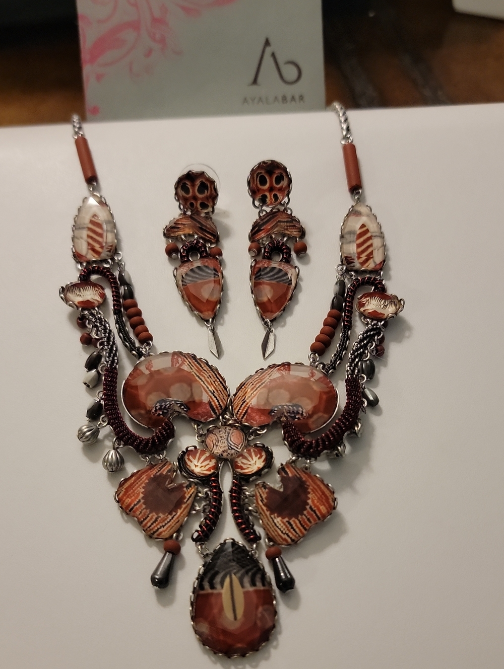 AYALA BAR Ornate Coral Resin Statement Necklace and Earrings